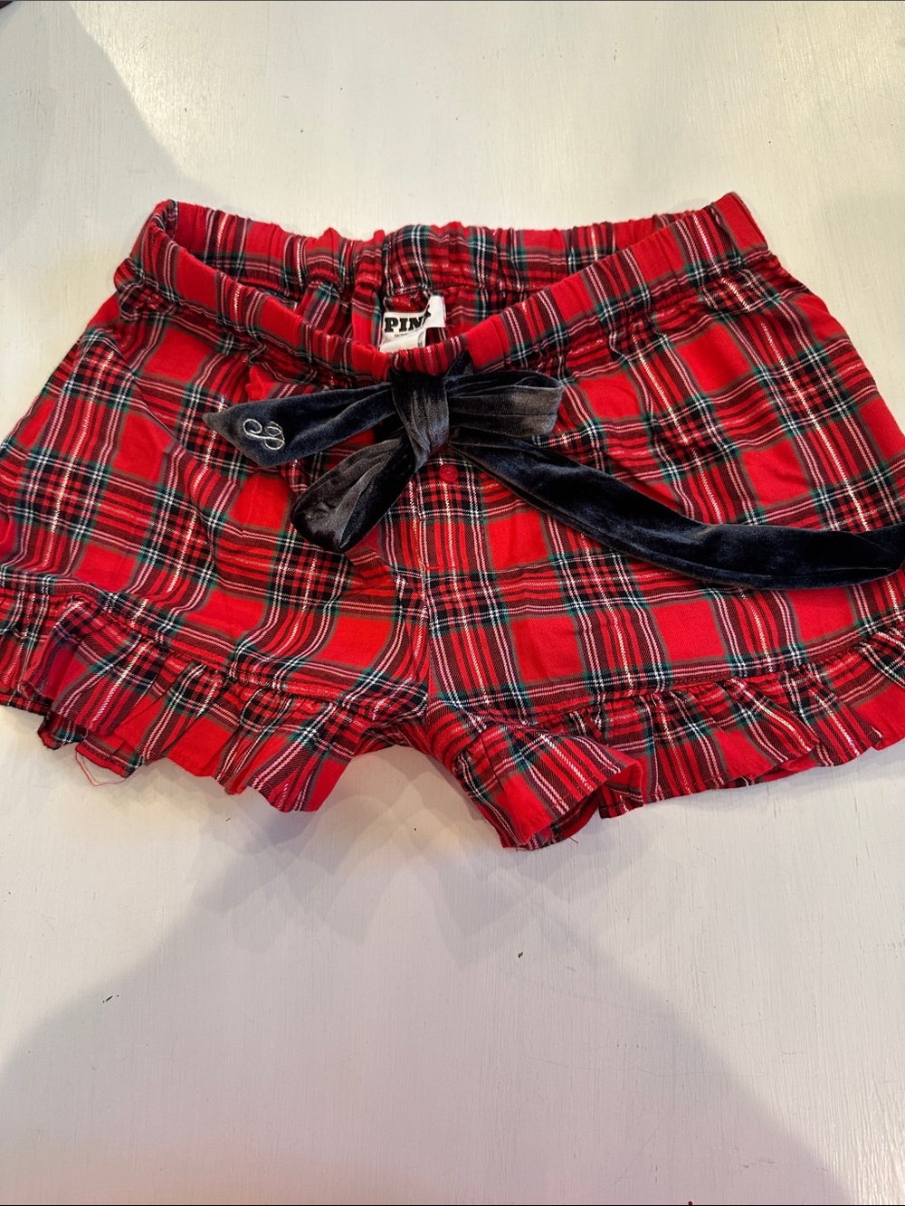 PINK Victoria's Secret Red Plaid Ruffle Lounge Shorts with Black Velvet Bow